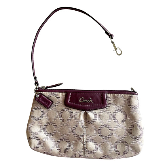 COACH Dotted Op Art Khaki Canvas Plum Purple Leather Large Wristlet + Bag Charm - Picture 3 of 6